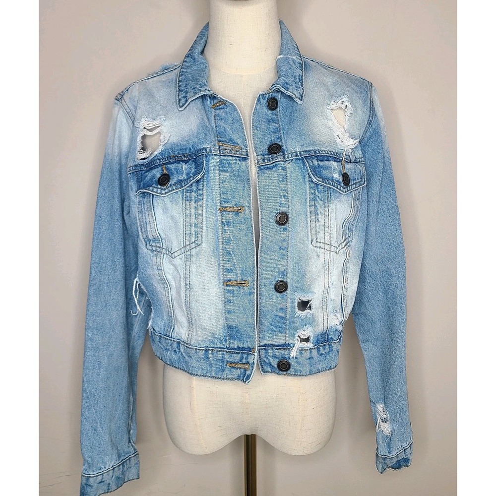 Fashion Nova Woman's Size Large Distressed Cropped Denim Jean Jacket‎